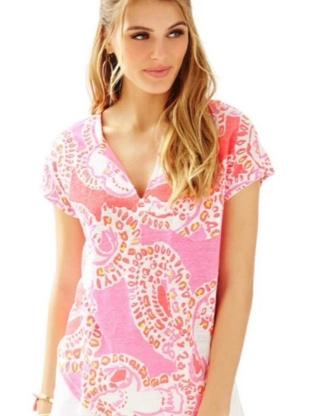 Lilly Pulitzer Shirt Women's Size Small Hot Coral Trunk in Love Linen Duval 0077